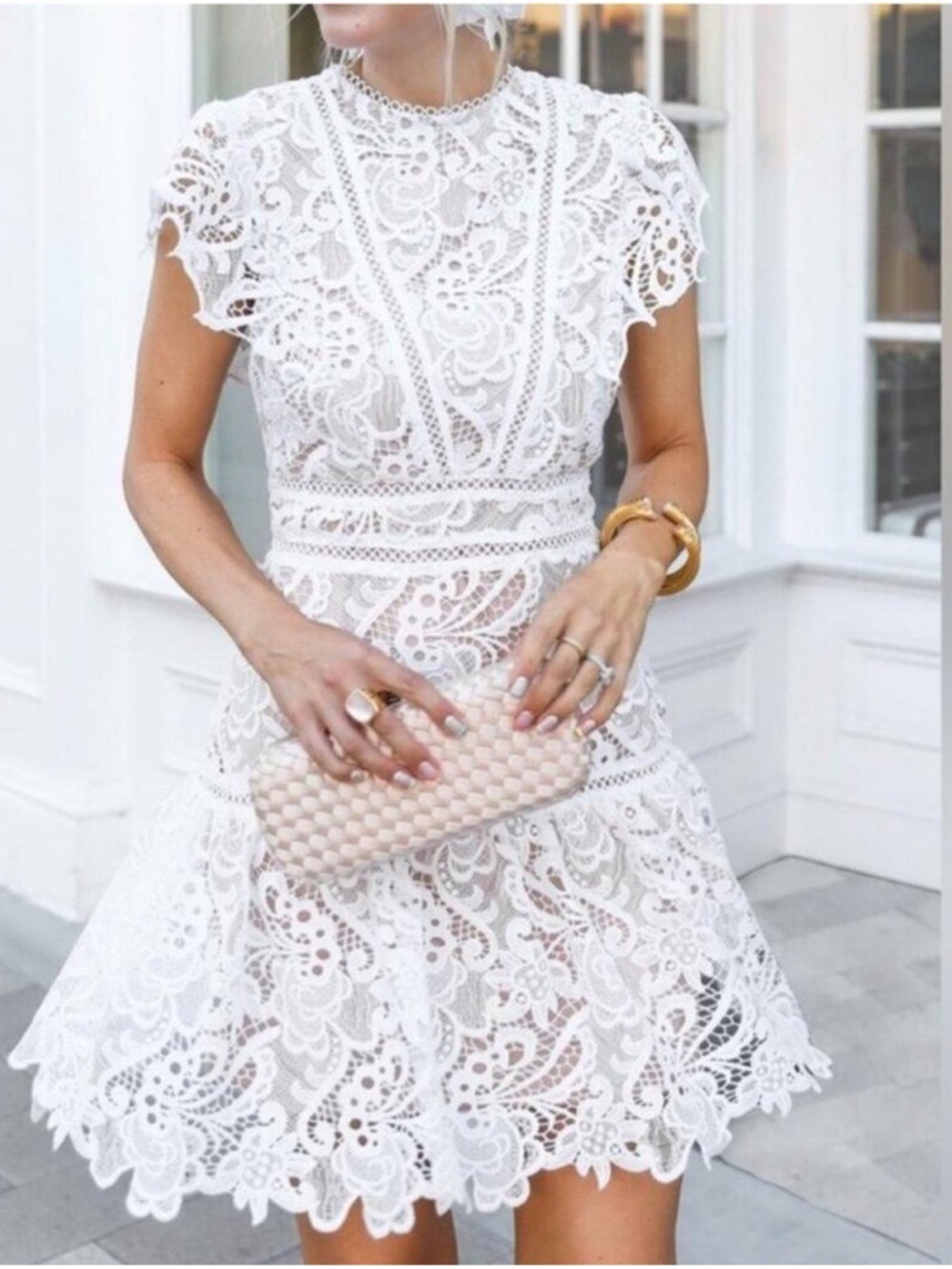 Womens Dress Small White Cocktail Semi Formal Mini Boho Lace Bridal Cruise RARE